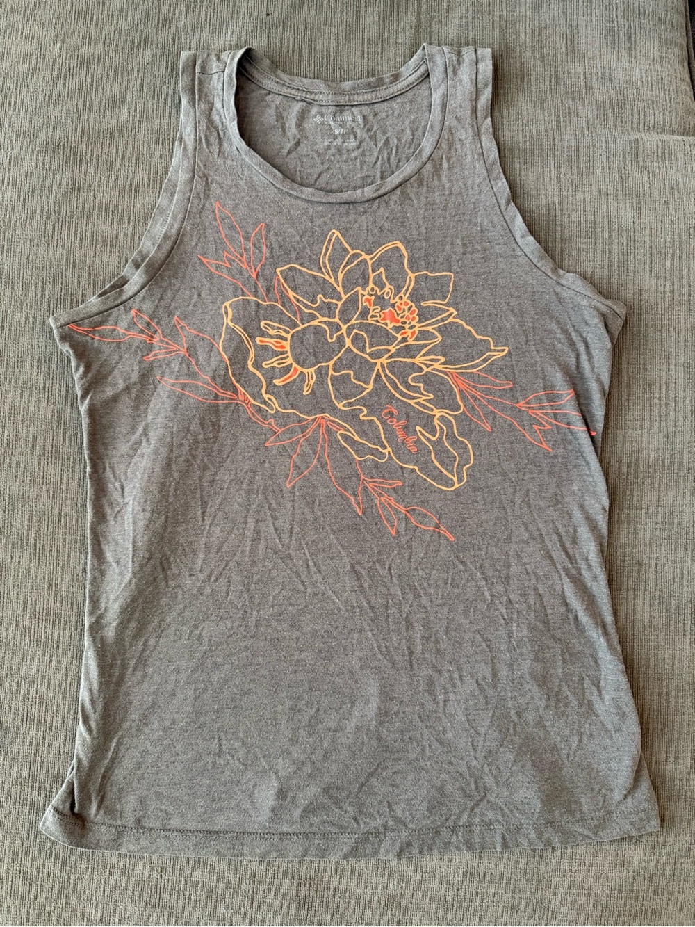 Columbia Gray Tank Top with Neon Coral & Yellow Floral Outline